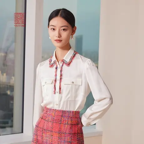 EP雅莹高端系列 优雅小香风缎面真丝白衬衫 2023新款2111B图片