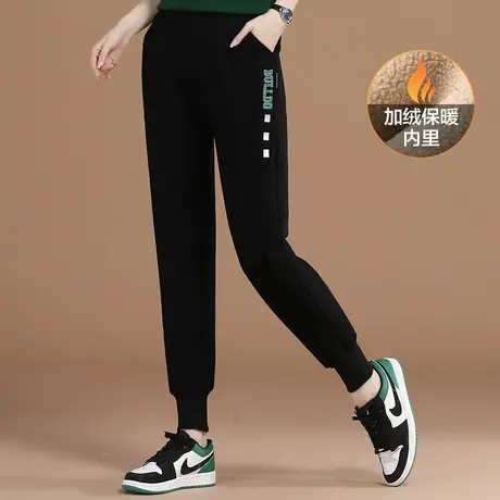 韩潮袭人松紧腰刺绣加绒休闲运动裤女2023冬季新款显瘦束脚卫裤子商品大图