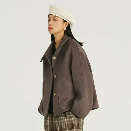 omont蛋挞家 复古廓形不对称领毛呢外套女小个子羊毛呢子大衣冬季商品大图