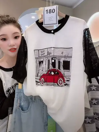 今年流行爆款短袖t恤女夏2023新款宽松设计感法式显瘦撞色上衣潮商品大图