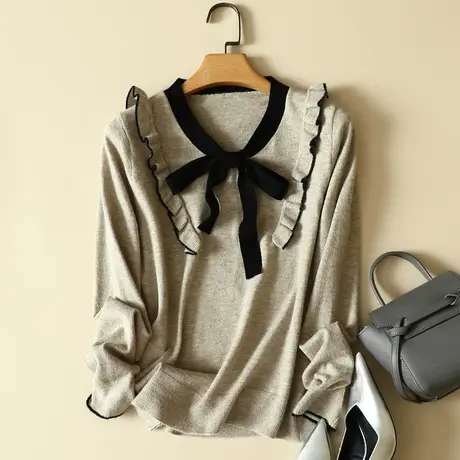 秋冬洋气蝴蝶结系带领套头针织衫女士气质荷叶边毛衣长袖打底上衣商品大图