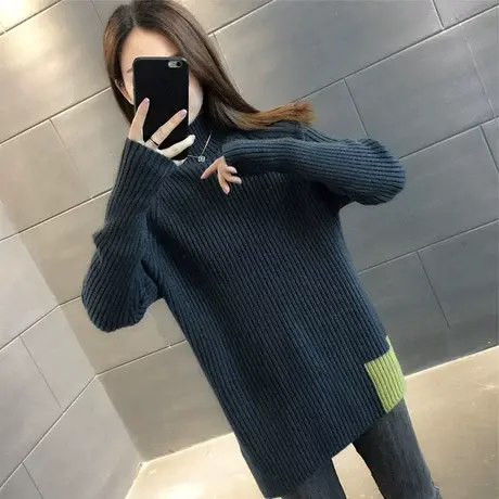 2023年新款毛衣中长款半高领洋气开叉针织毛衣女宽松打底衫女秋冬商品大图