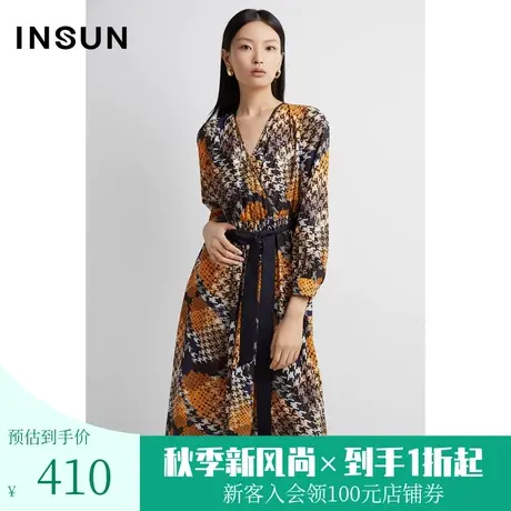 恩裳春秋季时尚艺术印花轻薄飘逸感优雅连衣裙女装图片
