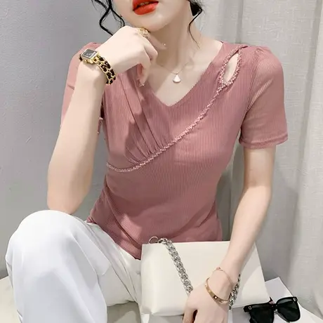 性感V领钉珠T恤短袖女夏季气质上衣时尚修身网纱小衫心机镂空半袖商品大图