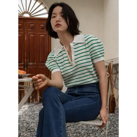 弥古条纹短袖t恤女夏法式泡泡袖针织衫高级感v领休闲polo上衣修身图片