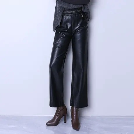 黑色九分皮裤直筒裤女秋冬2023新款松紧高腰宽松垂感阔腿裤休闲裤图片