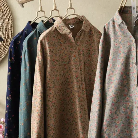 双层棉纱衬衫女2021秋季新品文艺小清新碎花休闲纯棉长袖打底上衣商品大图