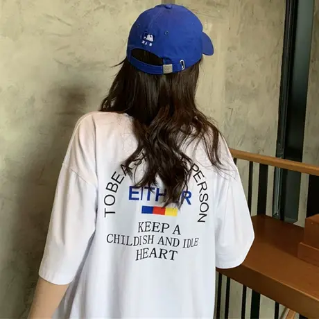 网红t恤女短袖ins潮欧货大版宽松韩版原宿bf百搭丧系慵懒风上衣服图片