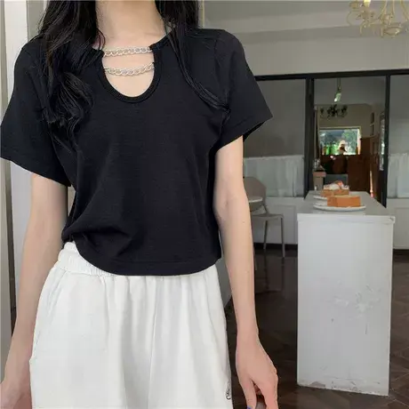 短袖T恤女高腰设计感小众体恤半袖潮ins夏季短款甜酷辣妹露脐上衣商品大图
