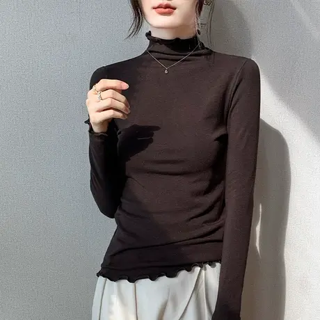 花边长袖半高领打底衫女2023春季洋气修身显瘦t恤设计感小众上衣图片