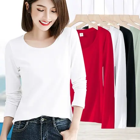 白色纯棉长袖t恤女春秋薄款修身打底衫内搭秋冬百搭修身显瘦上衣商品大图