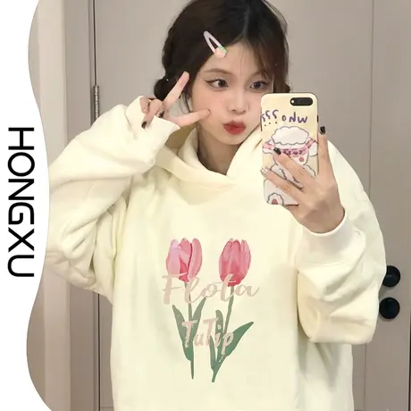 红续日系甜美风秋冬加厚杏色卫衣外套oversize显瘦百搭上衣长袖商品大图