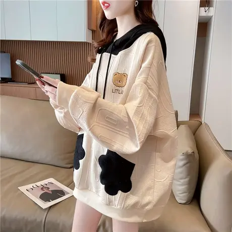 早秋装连帽卫衣女春秋季韩版宽松大码薄款撞色小个子百搭学生外套商品大图