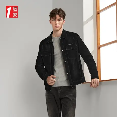 海一家时尚翻领外套2023秋季新款灯芯绒简约字母绣花男士休闲夹克商品大图
