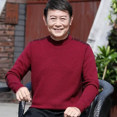 新款男士纯羊毛衫爸爸加厚圆领本命年红色毛衣中老年打底衣服冬装商品大图