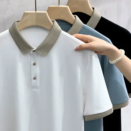 夏季新款撞色翻领针织短袖POLO衫男潮牌都市休闲冰丝纯色男士T恤商品大图