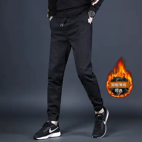 高端加绒牛仔裤男秋冬款2021年新款修身小脚黑色潮牌百搭男士裤子商品大图