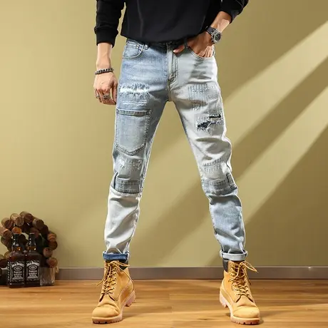 美式高街水洗做旧破洞牛仔裤男ins潮牌欧美工装机车宽松直筒长裤商品大图