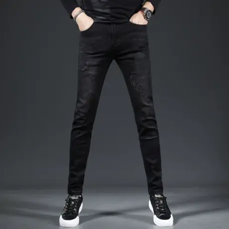 加绒黑色刺绣牛仔裤男修身小脚潮牌2023新款男士裤子秋冬款加厚商品大图