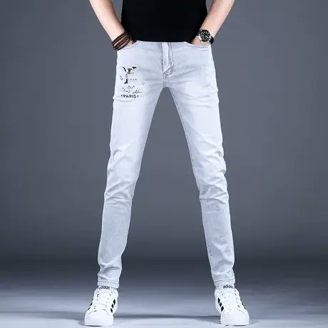 男士刺绣灰色牛仔裤男款修身小脚高档裤子2023新款秋款季高端潮牌图片