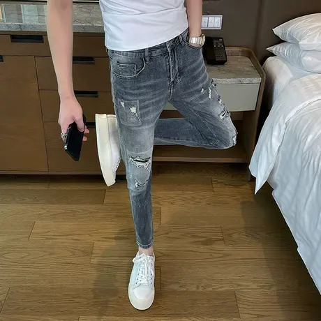 2023春季新款破洞补丁牛仔裤潮男修身小脚裤青少年显瘦百搭铅笔裤商品大图