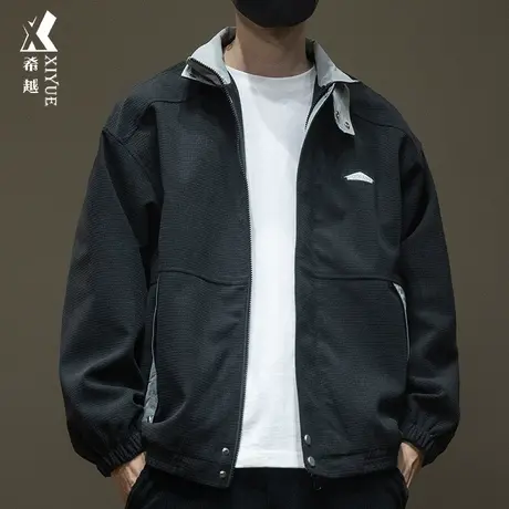 希越玉米粒灯芯绒工装夹克男拼接撞色双层立领外套秋季宽松大码潮图片
