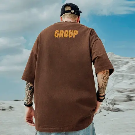 摩严国潮简约咖色宽松短袖男大码加肥加大号纯棉半袖t恤ins潮流男图片