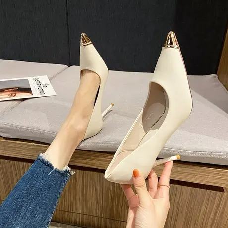 金属尖头高跟鞋女细跟2023年春季新款性感设计感小众浅口职业单鞋图片