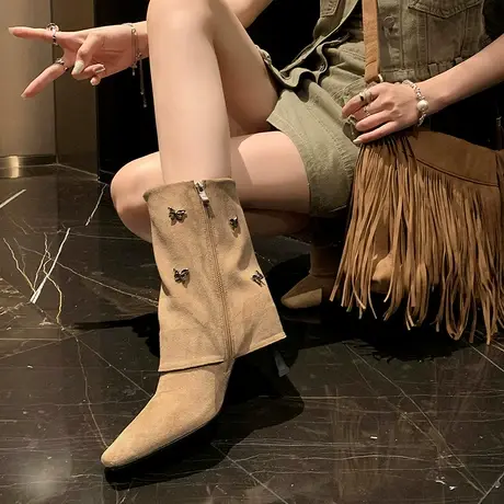 西部堆堆靴2023夏季中筒细跟圆头褶皱牛仔靴不过膝长筒靴女骑士靴图片