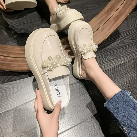 中跟厚底包头半拖鞋女外穿2023春夏季新款乐福大头穆勒珍珠凉拖鞋图片