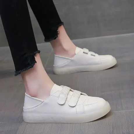 魔术贴小白鞋女2023新款牛筋底单鞋软底孕妇鞋一脚蹬皮面休闲板鞋商品大图