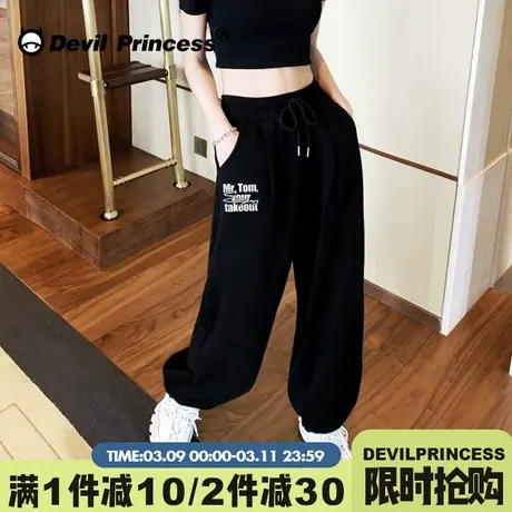 美式街头ins潮牌黑色束脚卫裤女bf宽松阔腿显瘦高腰百搭薄款裤子商品大图