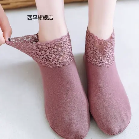 短筒蕾丝花边女袜子中筒低帮短袜硅胶防滑袜女秋冬季加厚德绒保暖图片