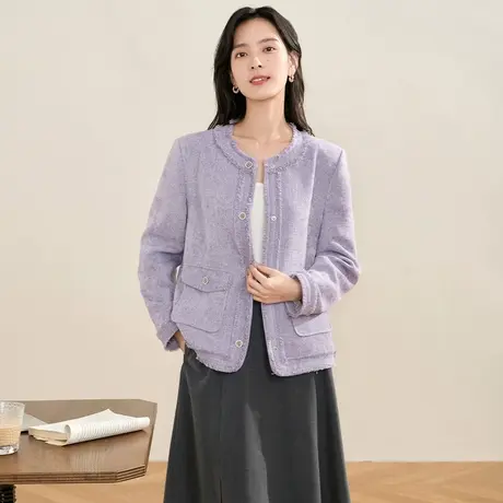 【商场同款】茵曼2023春女装新款优雅通勤圆领宽肩修身短款外套图片