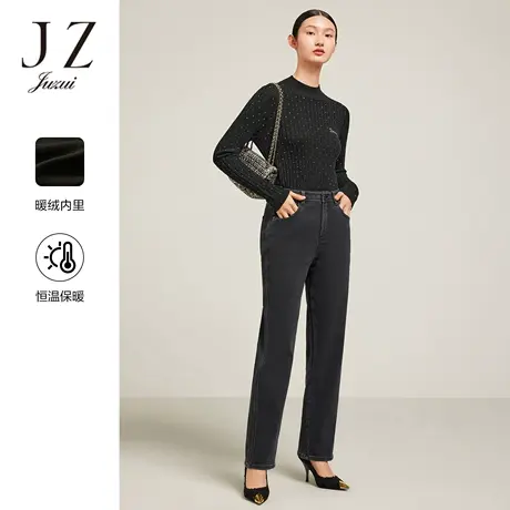 JZ玖姿暖绒时尚简约牛仔裤女装2022冬季新款舒适中腰直筒休闲裤商品大图