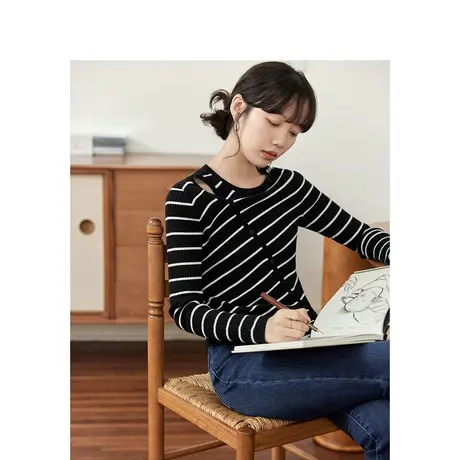 条纹针织衫毛衣2023秋女装新款镂空肩部圆领长袖显瘦百搭上衣商品大图