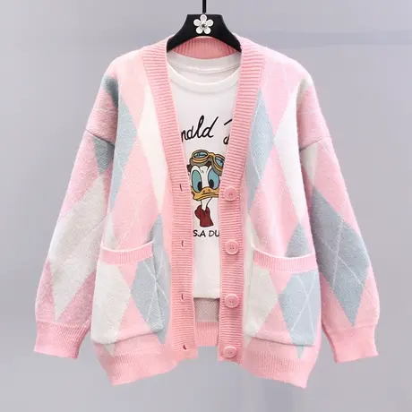 小香风慵懒复古菱格毛衣外套女秋冬2023新款宽松设计感针织开衫图片