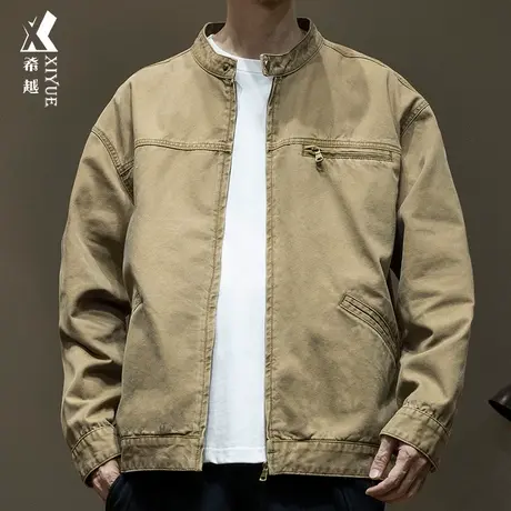 希越美式工装牛仔夹克男2024春季复古水洗珠帆布宽松大码男士外套图片