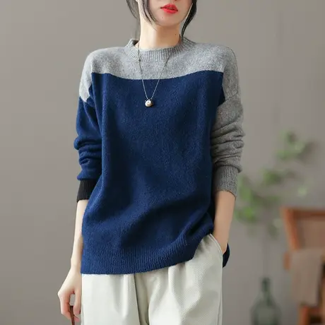 dza 文艺复古拼接撞色休闲毛衣女士秋冬洋气内搭打底衫宽松针织衫商品大图