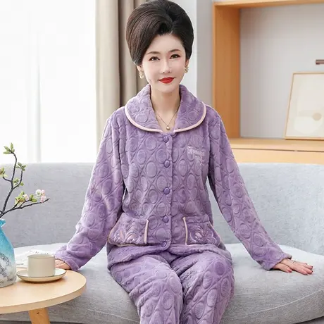 法兰绒冬季睡衣女士中老年妈妈加绒加厚夹棉家居服套装珊瑚绒新款图片