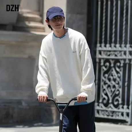 男士假两件针织衫男秋冬款白色毛衣潮牌男装秋季新款休闲日系外套商品大图