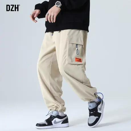男士卡其色工装裤子潮牌男灯芯绒男裤秋季休闲裤宽松抽绳裤束脚裤商品大图
