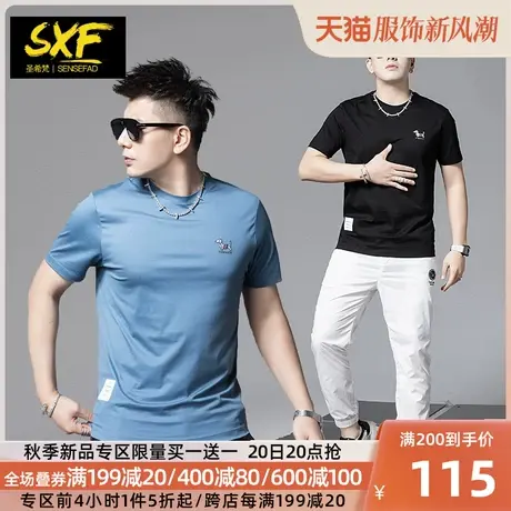 SXF圣希梵短袖男  2023新款丝光棉体恤修身圆领刺绣上衣服男士T恤商品大图