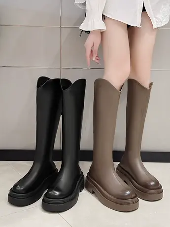 骑士靴女靴子长靴2023新款秋冬厚底v口不过膝胖mm粗腿高筒长筒靴商品大图