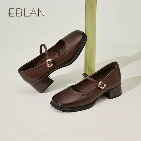 EBLAN/伊伴法式玛丽珍鞋女2025新款复古一字扣带方头浅口粗跟单鞋图片