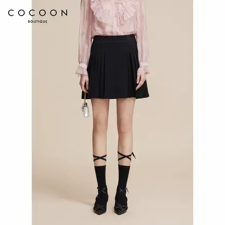 可可尼COCOON 商场同款 2024秋冬新款复古经典百褶黑色半身短裙女图片