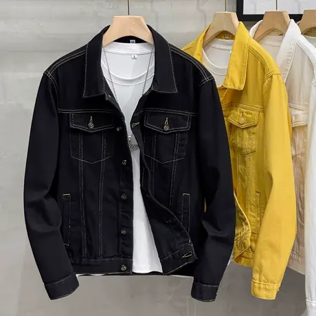 日系工装外套男春秋ins潮流男装上衣服痞帅修身翻领男士牛仔夹克图片