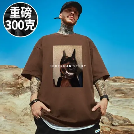 100%纯棉重磅潮牌宽松美式咖色T恤短袖五分袖加肥加大码男装夏季商品大图