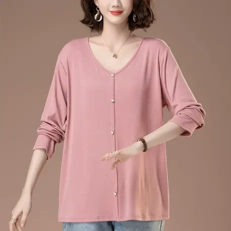 春秋季新款V领长袖T恤女加肥加大码女装宽松中年妈妈休闲显瘦体恤商品大图