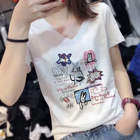 胖mm卡通兔子短袖t恤女夏v领宽松纯棉oversize大码ins上衣藏肉潮图片